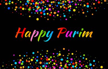 Vektör Bright yatay kart mutlu Purim karnaval metin ile siyah arka plan üzerine izole renkli parlak gökkuşağı renkleri kağıt konfeti çerçevelemek. Doğum günü şablonu. Purim Yahudi tatil.