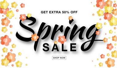 Vektör bahar satışı büyük başlığı ile tipografik kaligrafi yazı metin renkli kağıt sarı, beyaz zemin üzerine kırmızı, turuncu kağıt çiçekler. Satılık vektör yüzde 50. Elle çizilmiş hat.