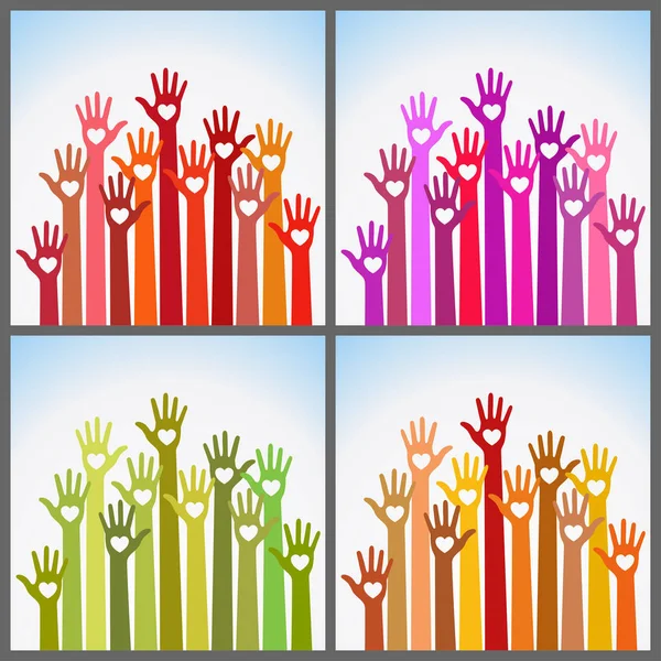 Set of bright colors colorful caring up hands hearts vector logo design element. Volunteers hands up with heart emblem icon for education, health care, medical, volunteer, vote. — Stock Vector