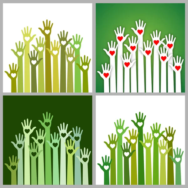 Set of bright  green white colors colorful caring up hands hearts vector logo design element. Volunteers hands up with heart emblem icon for education, health care, medical, volunteer, vote. — Stock Vector