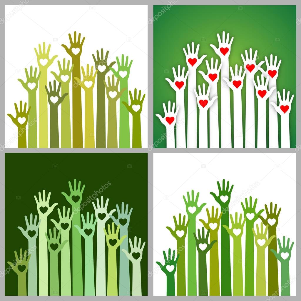 Set of bright  green white colors colorful caring up hands hearts vector logo design element. Volunteers hands up with heart emblem icon for education, health care, medical, volunteer, vote.