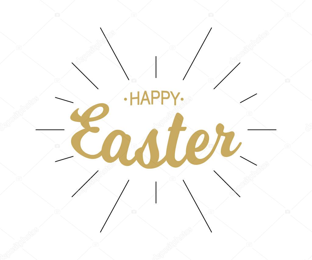 Vector Happy Easter gold typographic calligraphic lettering with black rays isolated on white background. Retro holiday easter badge. Religious holiday sign.