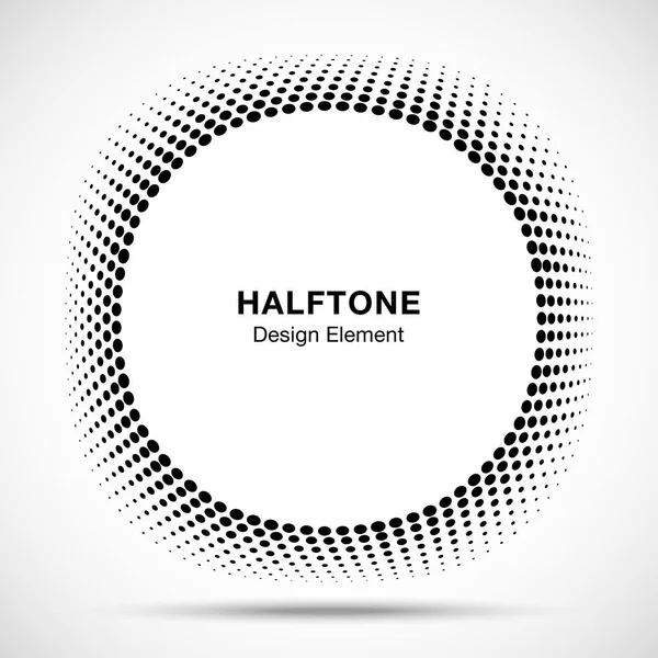 Convex vervormd zwart abstracte cirkel frame halftone puntjes logo embleem ontwerp vectorelement voor nieuwe technologie patroon achtergrond. Ronde grens stippen pictogram halftone cirkel met raster textuur. — Stockvector