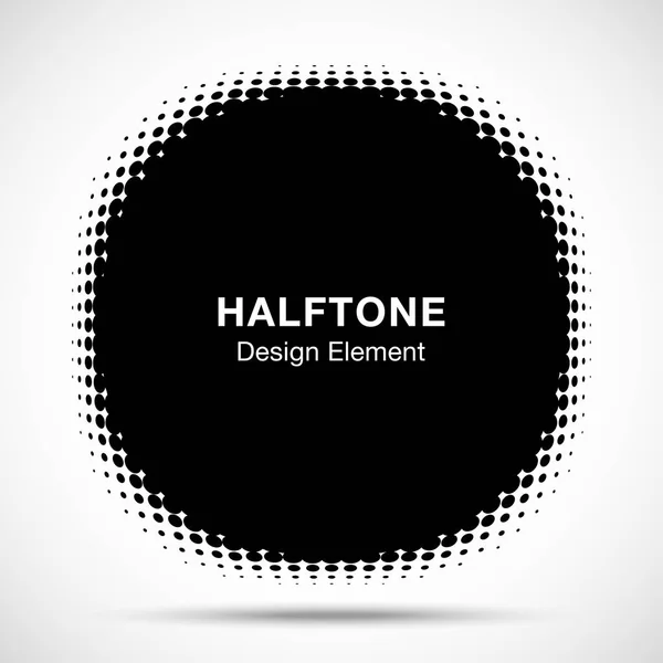 Convex distorted black abstract vector circle frame halftone dots logo emblem design element for new technology pattern background. Round border Icon using halftone circle dots raster texture. — Stock Vector