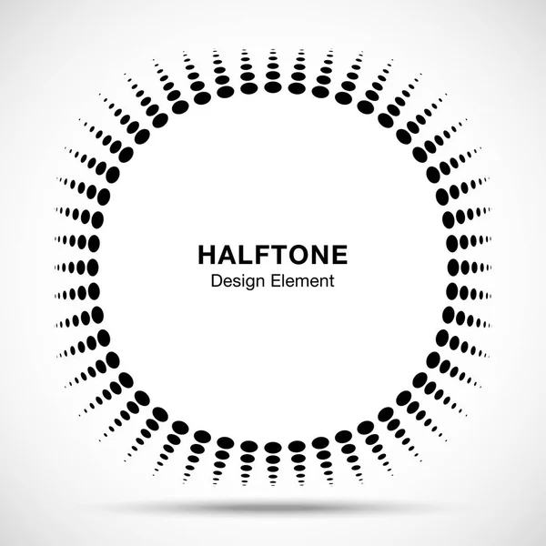 Convex distorted black abstract vector circle frame halftone dots logo emblem design element for new technology pattern background. Round border Icon using halftone circle dots raster texture. — Stock Vector