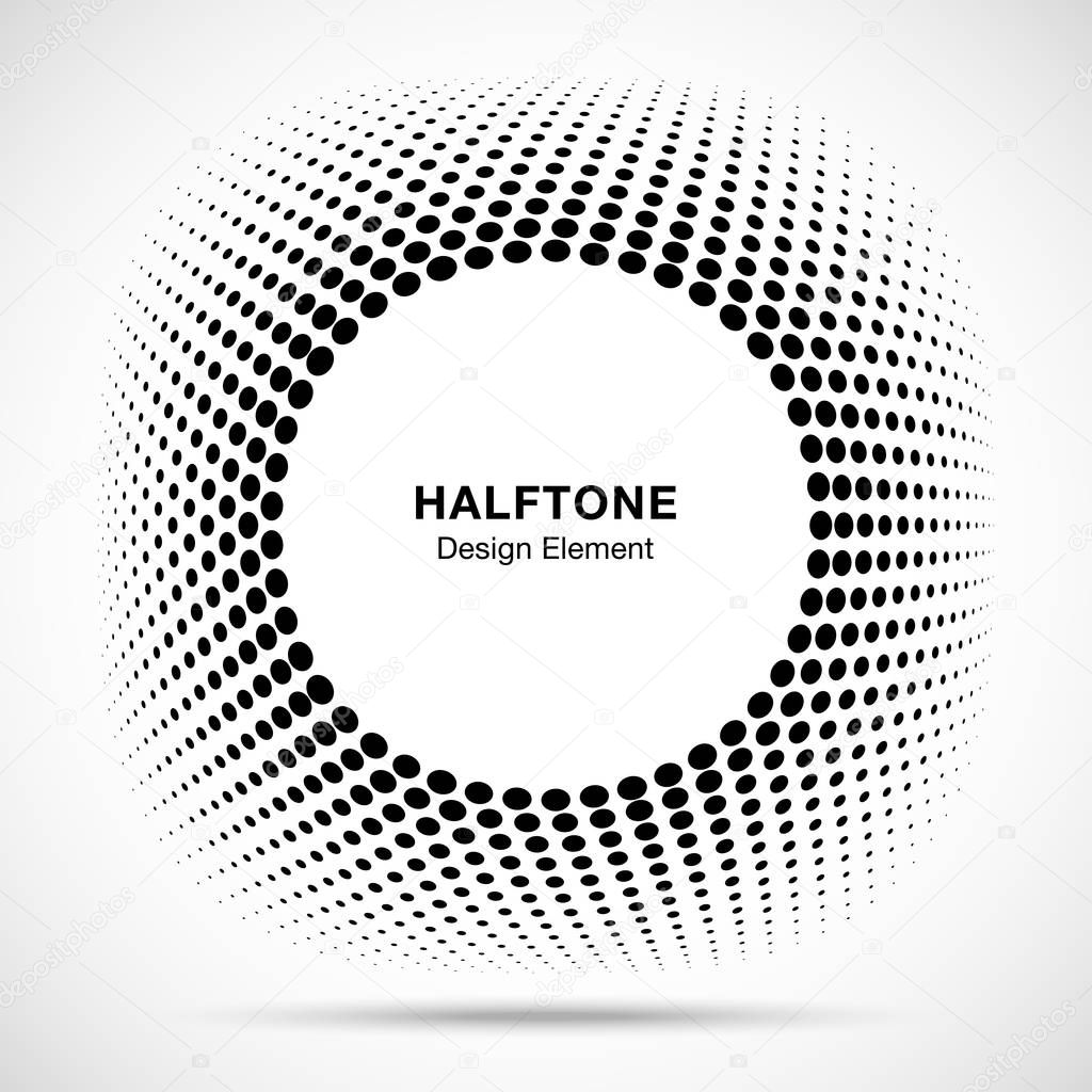 Convex distorted black abstract vector circle frame halftone dots logo emblem design element for new technology pattern background. Round border Icon using halftone circle dots raster texture.