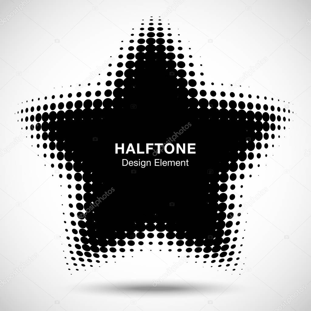 Convex black abstract vector distorted star frame halftone dots logo emblem design element for new technology pattern background.