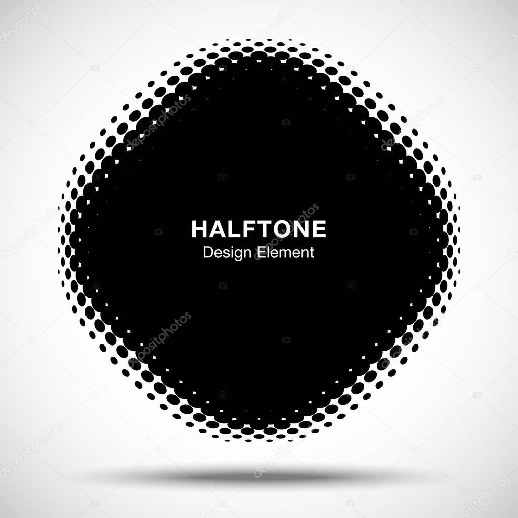 Convex black abstract vector distorted angle rounded square frame halftone dots logo emblem design element for new technology pattern background.