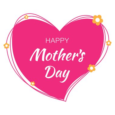 Mutlu anneler günü sarı kağıt çiçekler ile beyaz arka plan üzerinde izole pembe karalama kalp ile çizilmiş tipografik yazı el. Anneler günü kartı vektör çizim.