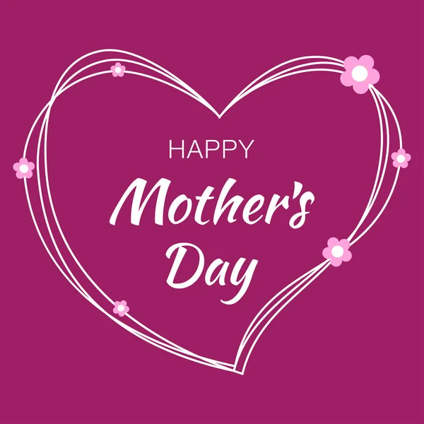Happy Mothers Day hand drawn typographic lettering with white scribble heart isolated on bright purple violet background with pink paper flowers. Vector Illustration of a Mothers Day card.