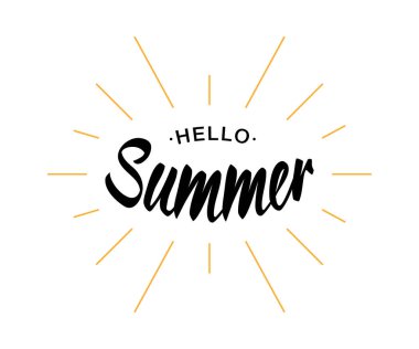 Siyah vektör yazı Merhaba yaz beyaz arka plan üzerinde izole sarı güneş ışınları ile. Eğlenceli yaz tipografik tasarım logo t-shirt, poster, afiş için.
