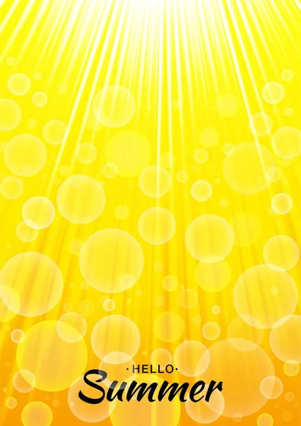 Zomer sjabloon vector geel gloeien achtergrond met zonnestralen en bubbels. Verticale zonlicht oranje A4 papier grootte achtergrond. Hallo zomer belettering — Stockvector