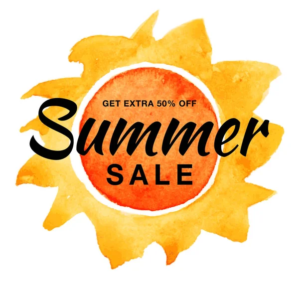 Summer sale template vector banner with watercolor sun isolated on white background. Yellow sun with realistic paper watercolor texture. Campaign sale 50 percent off. Aquarelle design element. — Stock Vector