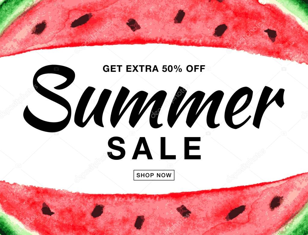 Summer sale template vector banner with watercolor watermelon isolated on white background.Bright red watermelon with realistic paper watercolor texture. Campaign sale 50 percent off.