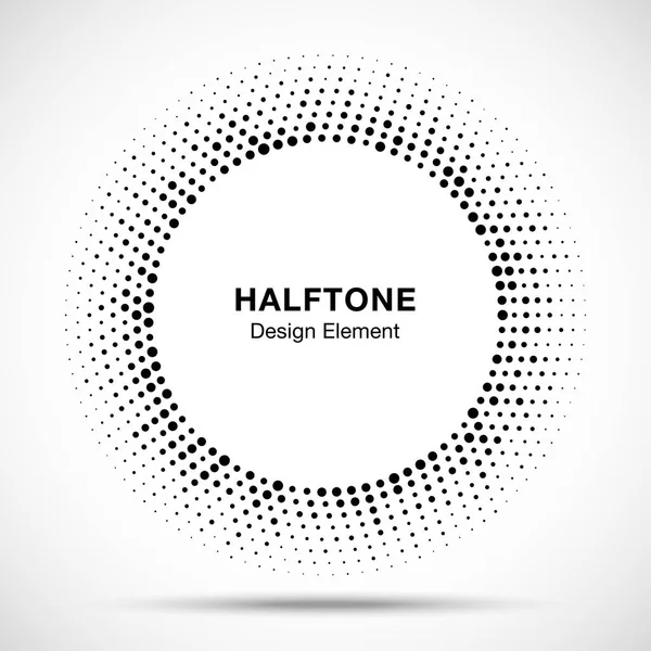 Black abstract vector circle frame halftone random dots logo emblem design element for technology, medical, treatment, cosmetic. Round border Icon using halftone circle dots raster texture. — Stock Vector