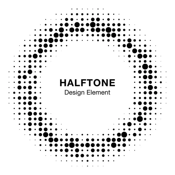 Zwarte abstracte cirkel frame halftone random dots logo embleem ontwerp vectorelement voor technologie, behandeling, medische en cosmetische. Ronde grens stippen pictogram halftone cirkel met raster textuur. — Stockvector