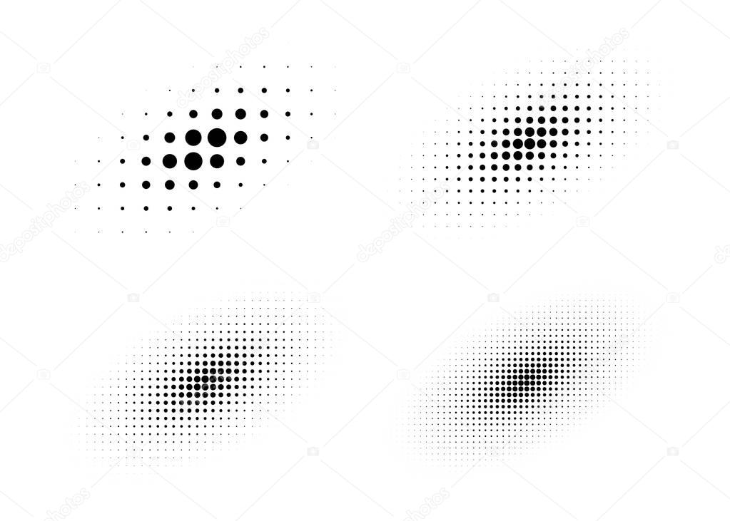 Set of halftone circle dots backgrounds. Collection of diagonal ovals using halftone texture for logo or emblem. Vector design elements.