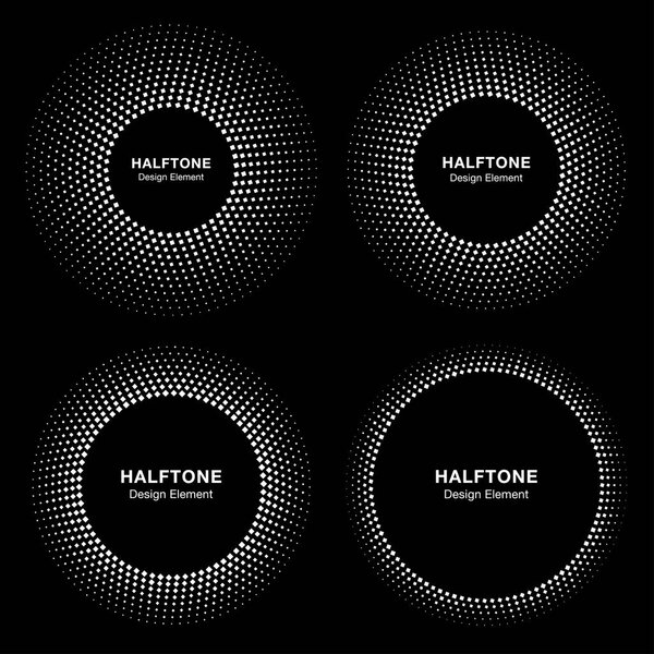 Set of White Abstract Emblem Circle Frame Halftone Dots Logo Design Elements for medical treatment, cosmetic, technology. Circle Border Icon halftone square dot vector elements.