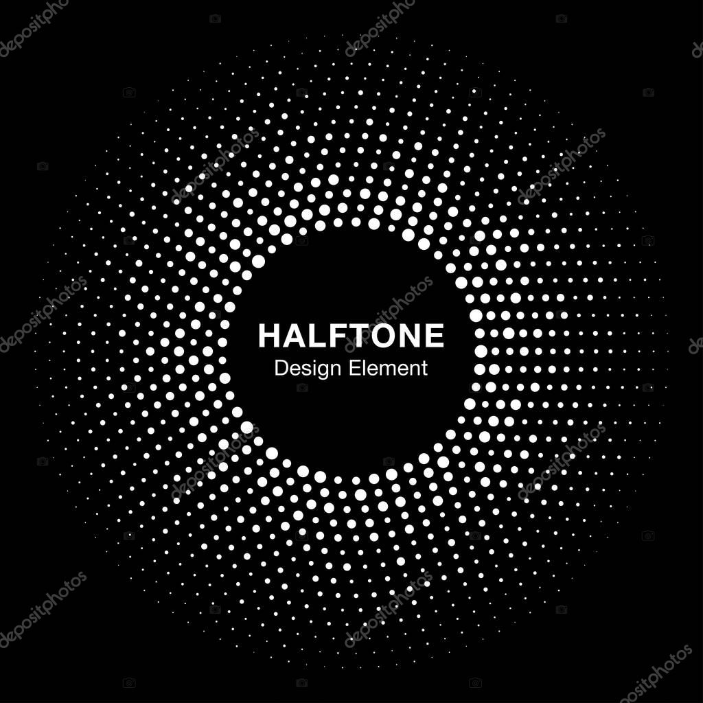 Halftone circle vector frame with white abstract random dots, logo emblem design element for technology, medical, treatment, cosmetic. Round border Icon using halftone circle dots raster texture.