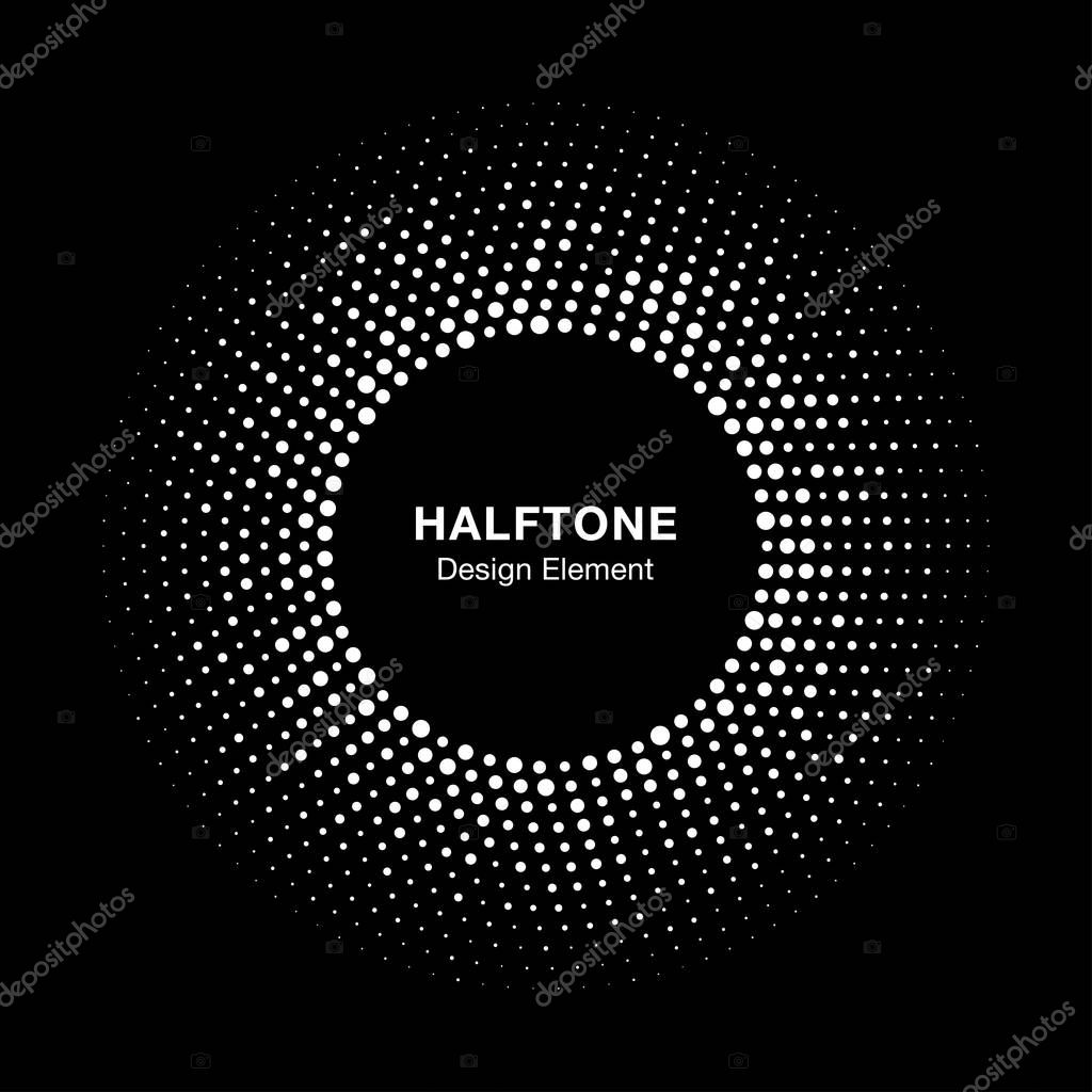 Halftone circle vector frame with white abstract random dots, logo emblem design element for technology, medical, treatment, cosmetic. Round border Icon using halftone circle dots raster texture.