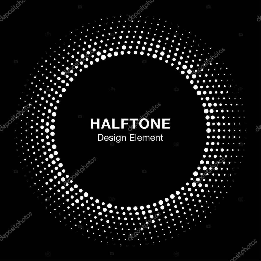 Halftone circle vector frame with white abstract random dots, logo emblem design element for technology, medical, treatment, cosmetic. Round border Icon using halftone circle dots raster texture.