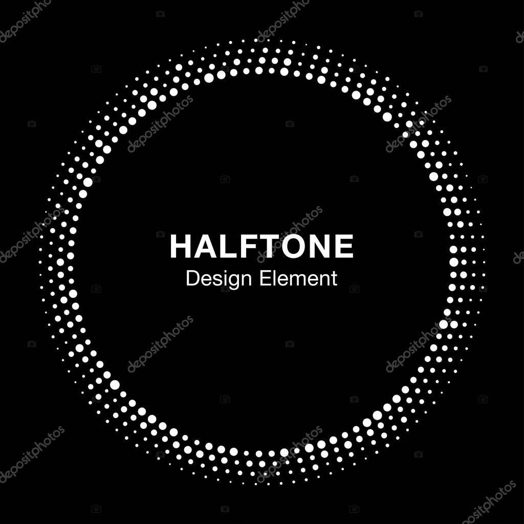 Halftone circle vector frame with white abstract random dots, logo emblem design element for technology, medical, treatment, cosmetic. Round border Icon using halftone circle dots raster texture.