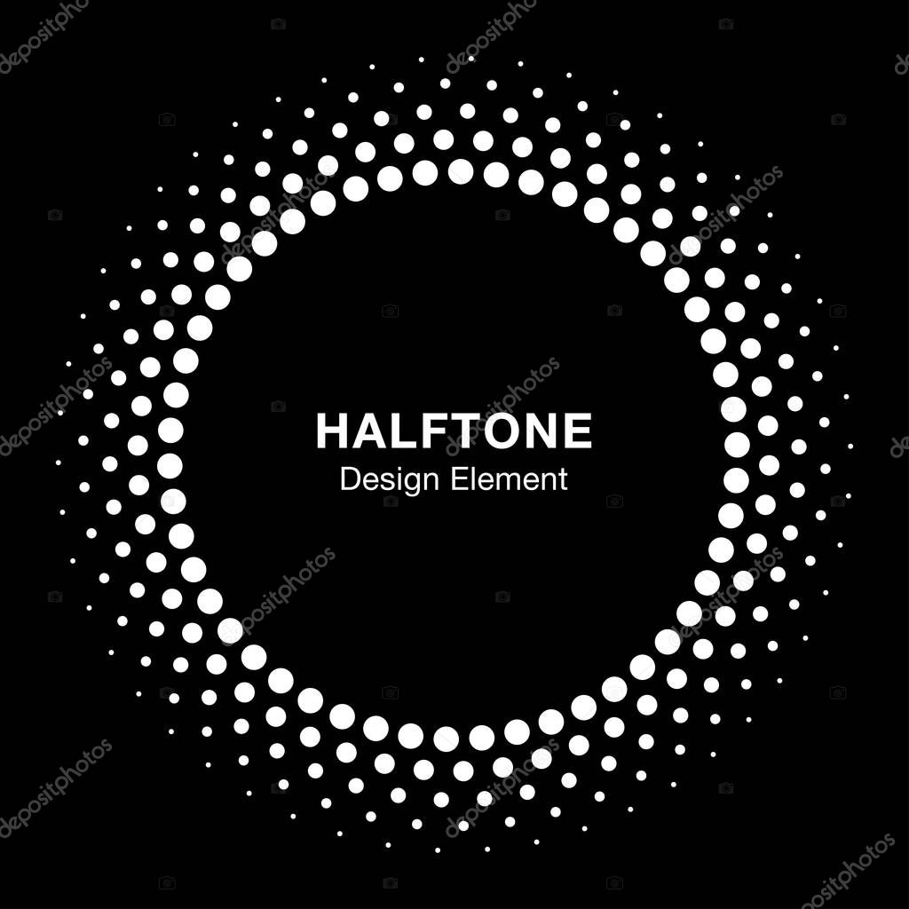 White halftone vector circle frame dots logo emblem, design element for medical, treatment, cosmetic. Round border Icon using halftone circle dots raster texture.