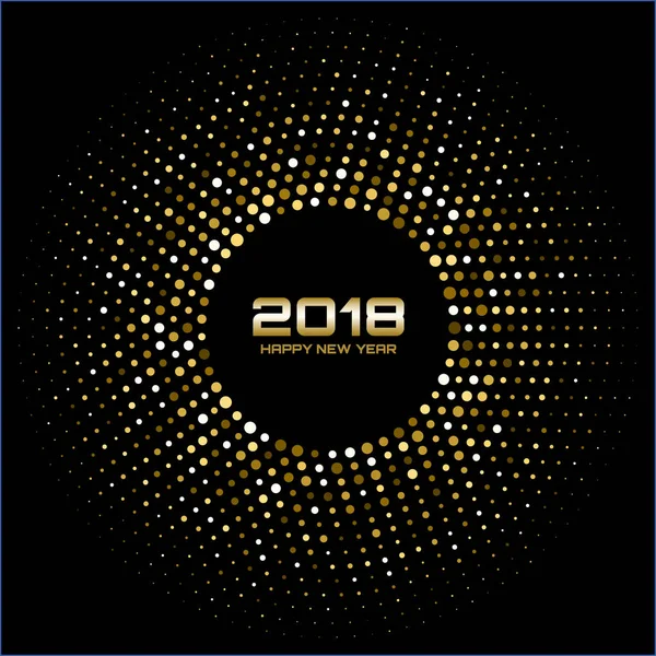 Vector Feliz Año Nuevo 2018 Fondo de la tarjeta. Gold Bright Disco Lights Halftone Circle Frame. Borde redondo dorado usando textura raster de puntos de círculo de medio tono . — Vector de stock