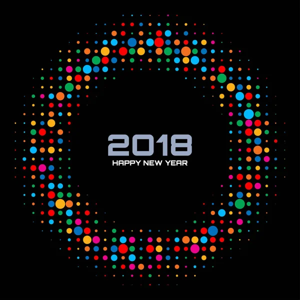 Vector Feliz Año Nuevo 2018 Fondo de la tarjeta de tecnología. Brillante colorido Disco enciende el marco del círculo de medio tono. Borde redondo usando colores del arco iris confeti círculo puntos textura . — Vector de stock