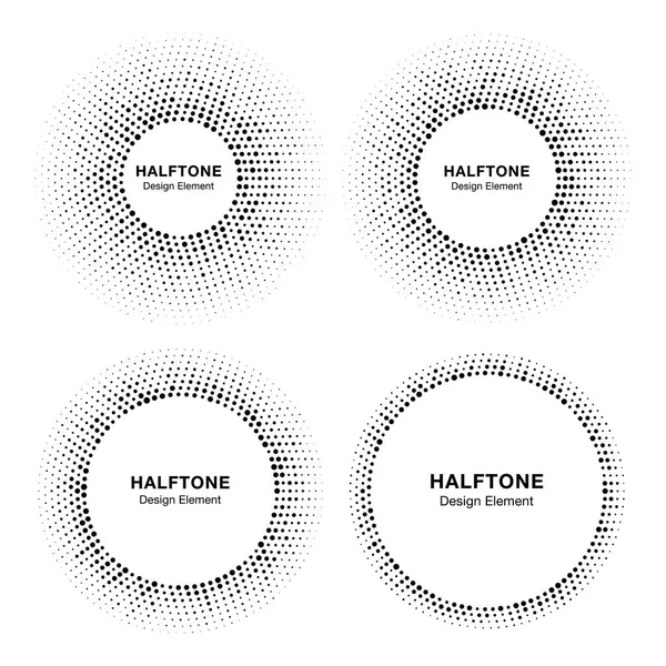 Set dari kerangka vektor lingkaran Halftone dengan titik acak abstrak hitam, elemen desain logo untuk teknologi, medis, pengobatan, kosmetik. Ikon Batas Bundar menggunakan tekstur titik lingkaran halftone . - Stok Vektor