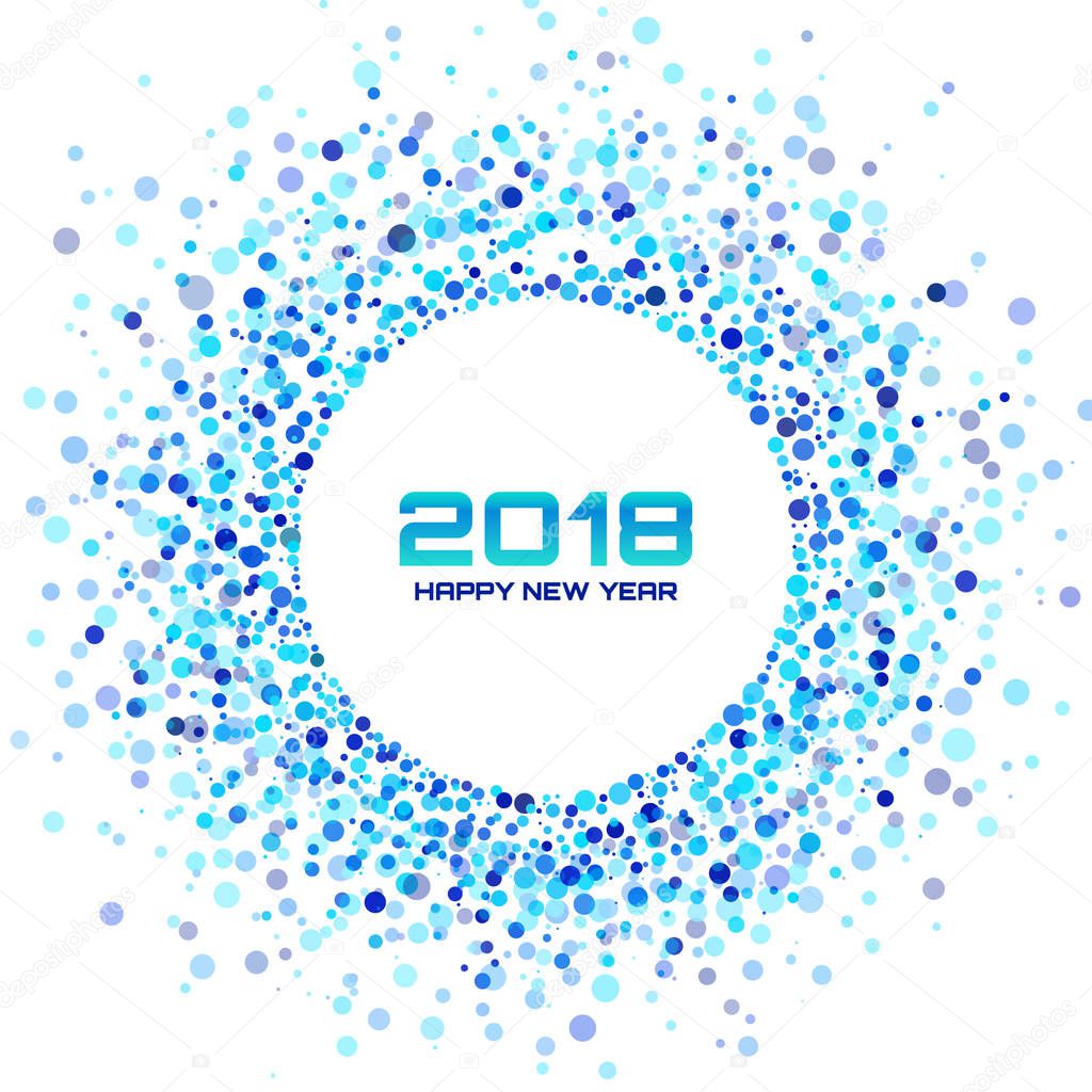 New Year 2018 Card Background. Blue Light Halftone Circle Frame using confetti circle dots texture isolated on white backdrop. Vector illustration.