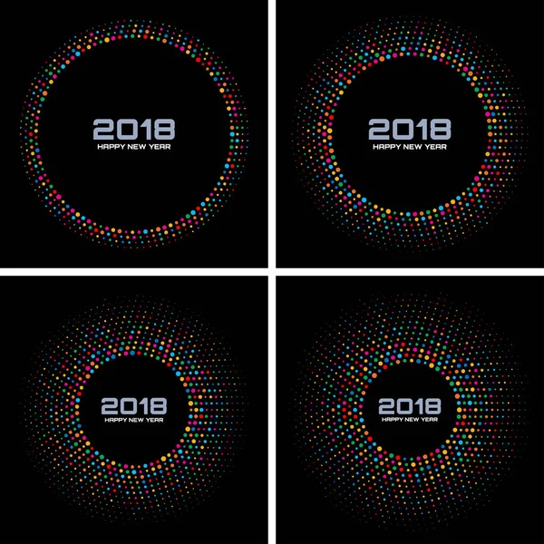 Nový rok 2018 karta nastavení pozadí. Světlé barevné Disco světla polotónů kruh rám izolované na černém pozadí. Kolo hranice pomocí duhové barvy konfety kruh body textury. Vektorové ilustrace — Stockový vektor