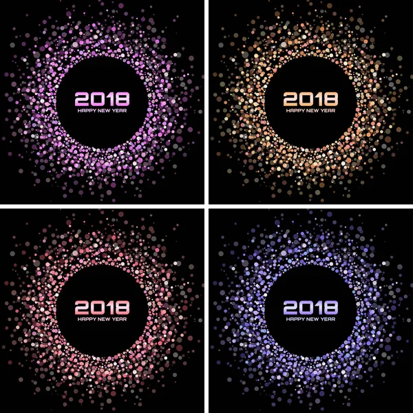 Šťastný nový rok 2018 karty sada vektorové pozadí. Světlé barevné Disco světla polotónů kruhu rámce. Kolo hranice pomocí fialová, modrá, žlutá, kruh červené konfety tečkami textury. — Stockový vektor