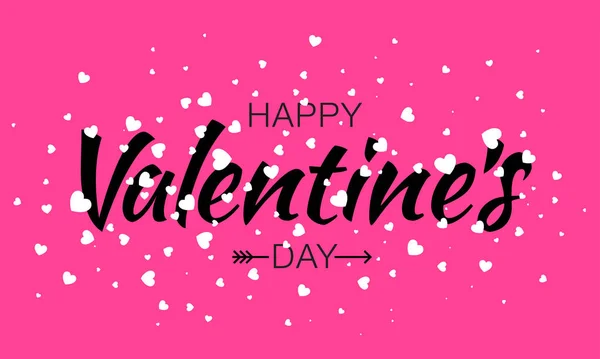 Happy Valentines Day Card Design, typografischer Schriftzug auf rosa Hintergrund mit fliegenden weißen Herzen und Pfeil. Vektor Liebe Illustration einer Valentinstagskarte eps10. — Stockvektor