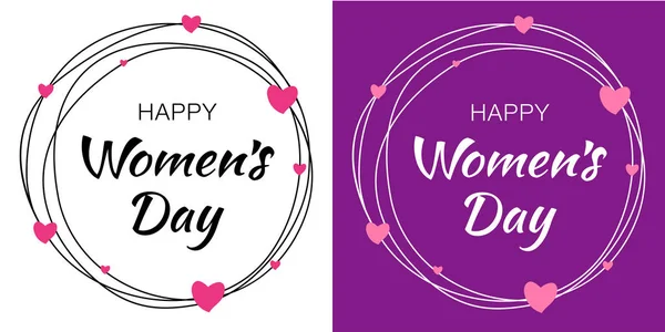 Ευτυχισμένη ημέρα Womens χέρι συρμένο τυπογραφικά γράμματα με κύκλο σκαρίφημα που απομονώνονται σε λευκό φόντο με λουλούδι ροζ καρδιές. Εικονογράφηση διάνυσμα κάρτα ημέρα γυναικών. — Διανυσματικό Αρχείο