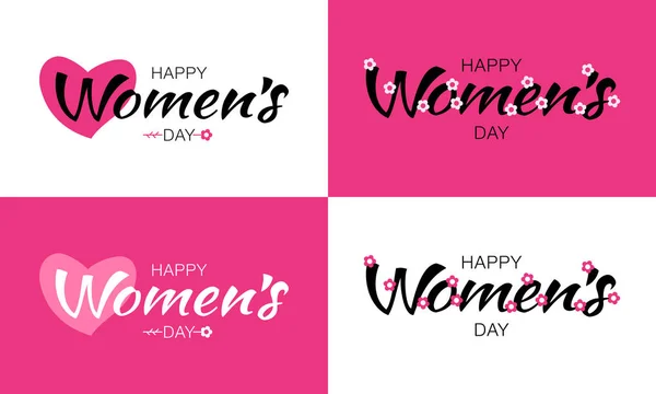 Σύνολο του Happy Womens Day απομονωθεί σε λευκό και ροζ φόντο με καρδιά και λουλούδι τυπογραφικά γράμματα. Εικονογράφηση διάνυσμα κάρτα ημέρα γυναικών. — Διανυσματικό Αρχείο