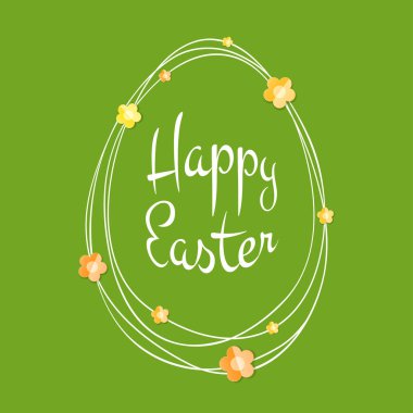 Paskalya tebrik kartı. Karalama çizgilerinin ile yumurta çerçeve. Kaligrafi yazı üzerinde yeşil arka plan izole renkli kağıt çiçekler ile. Retro tatil Paskalya rozeti. Dini bayram işareti. Vektör 