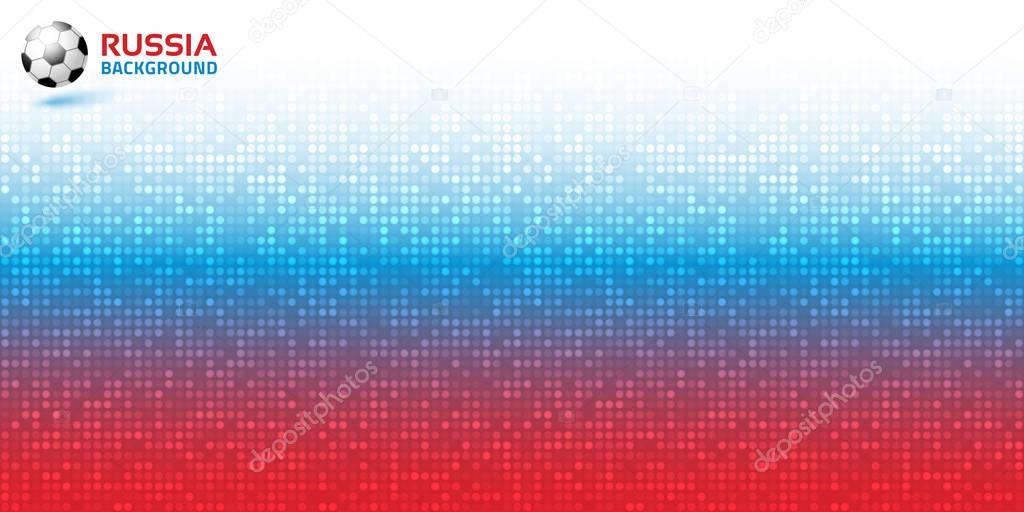 Gradient pixel digital red blue horizontal background. Russia 2018 flag colors. Soccer ball icon. Vector illustration. 