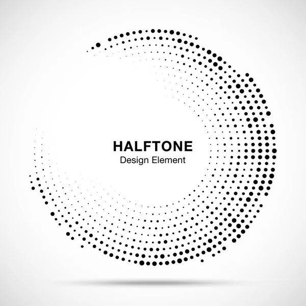 Halftone cirkelframe met zwarte abstracte willekeurige punten, logo embleem ontwerpelement voor technologie, medische, behandeling, cosmetische. Pictogram met behulp van halftone cirkel stippen ronde rand raster textuur. Vector. — Stockvector