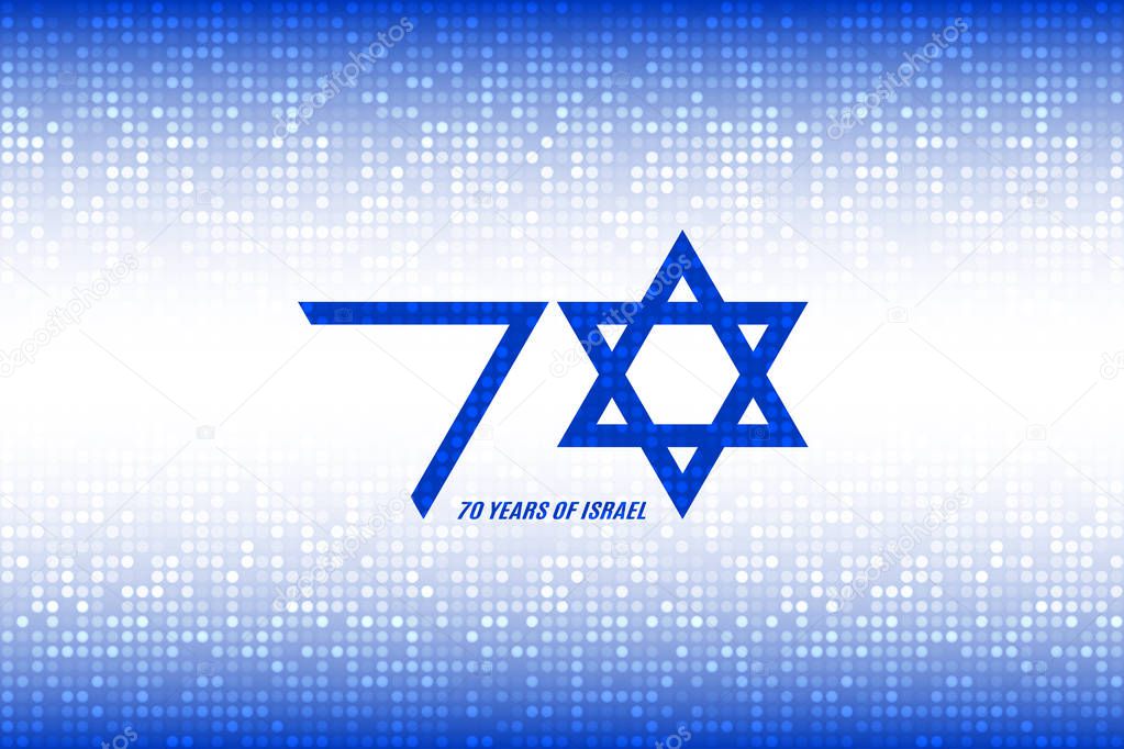 Israel Independence Day. 70 years of Israel banner. Flag colors on blue white digital pixel background. Horizontal design. Vector illustration