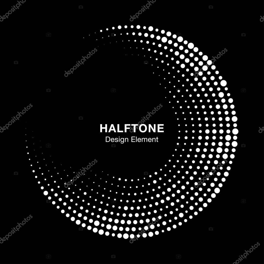 Halftone circle frame with white abstract random dots on black background. Logo design element for technology, medical, treatment. Round border using halftone circle dots raster texture. Vector