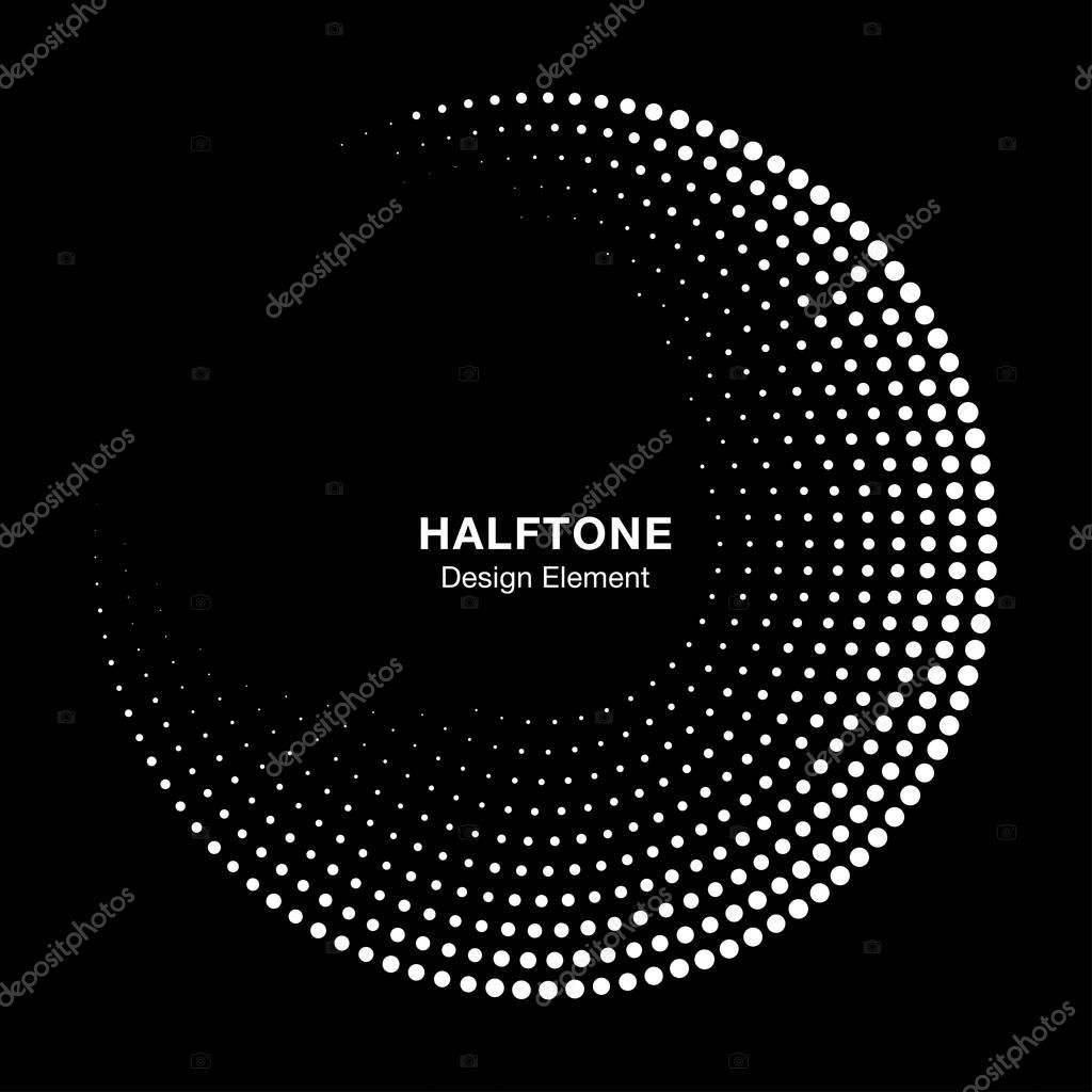 Halftone circle frame with white abstract dots on black background. Logo design element for technology, medical, treatment. Round border using halftone circle dots raster texture. Vector.