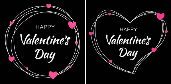 Feliz día de San Valentín diseño de tarjetas. Escribir líneas blancas círculo con letras tipográficas dibujadas a mano sobre fondo negro con corazones de color rosa. Ilustración de amor de boda. Vector del Día de San Valentín EPS10 — Archivo Imágenes Vectoriales