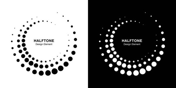 Halftone circular dotted frames set. Circle dots isolated on the white background. Logo design element for medical, treatment, cosmetic. Round border using halftone circle dots texture. Vector bw.