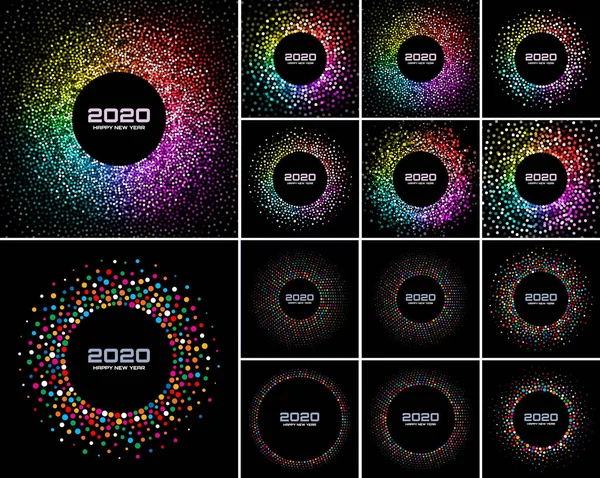 New Year 2020 Card Backgrounds set. Bright Colorful Disco Lights Halftone Circle Frame isolated on black background. Confetti circle border using rainbow colors dots texture. Vector collection. — Stock Vector