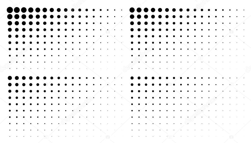 Set of corner gradient halftone dots backgrounds. Horizontal templates using halftone dots pattern. Vector illustration