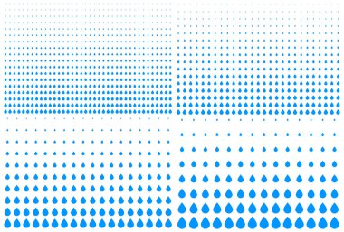Dikey mavi gradyan yarım ton damlayan noktalar kümesi. Su şablonu yarım ton damla dokusu kullanıyor. Gözyaşı arkaplanı. Vektör su deseni damlatır.