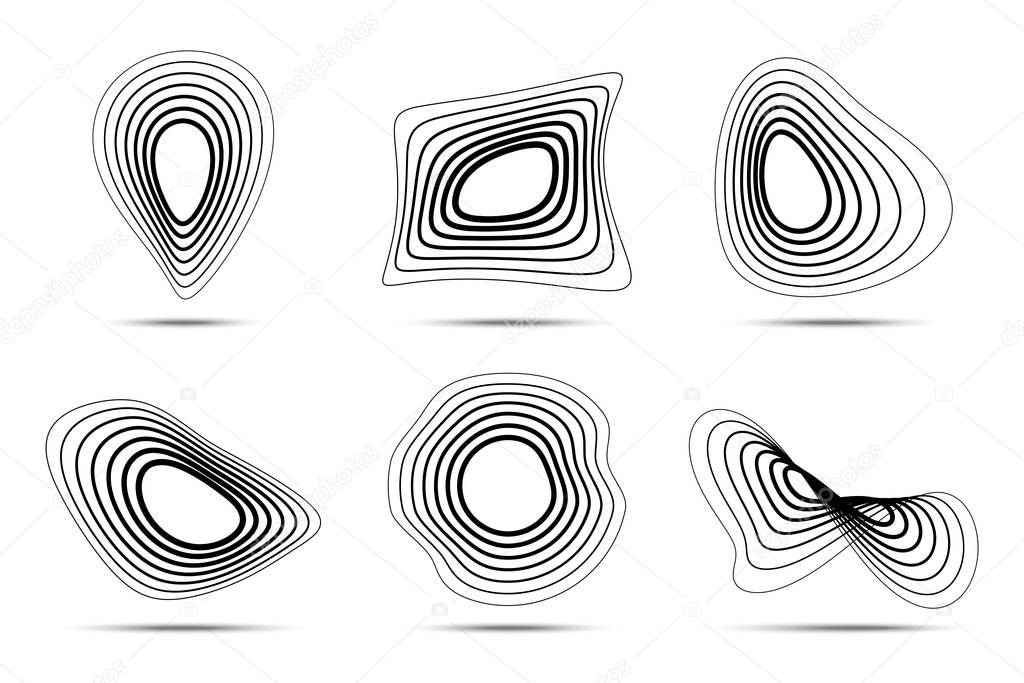 3d circular striped emblem set. Three dimensional stripy distort shapes isolated on the white background. Logo design element using line stripes texture. Location icon. Map pointer. Vector