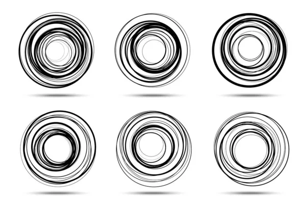 Circle spiral frame set. Scribble line rounds. Doodle circular logo design elements. Insignia emblem collection. Vector illustration set. — Stock Vector
