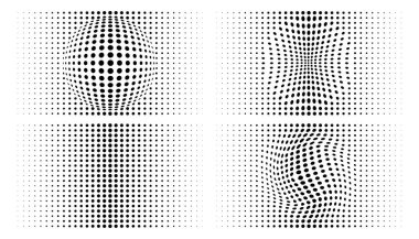 Yarım tonluk dışbükey eğimli çember noktaları seti. Yarım ton noktalı şablonlar kullanarak yatay çarpıtma şablonları. Vektör illüstrasyonu